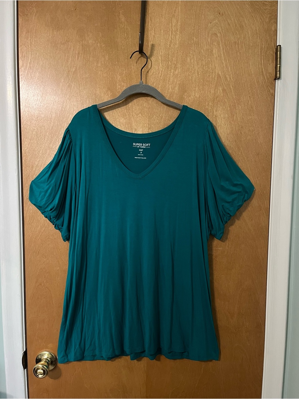 Torrid Teal/Green Knit V-Neck Women's T-shirt with Bubble Sleeves | Size 3